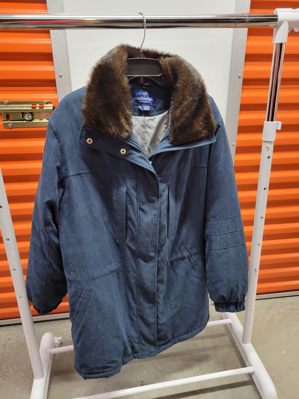 L.L. Bean Women's Navy Puffer Coat with Brown Faux-Fur Collar